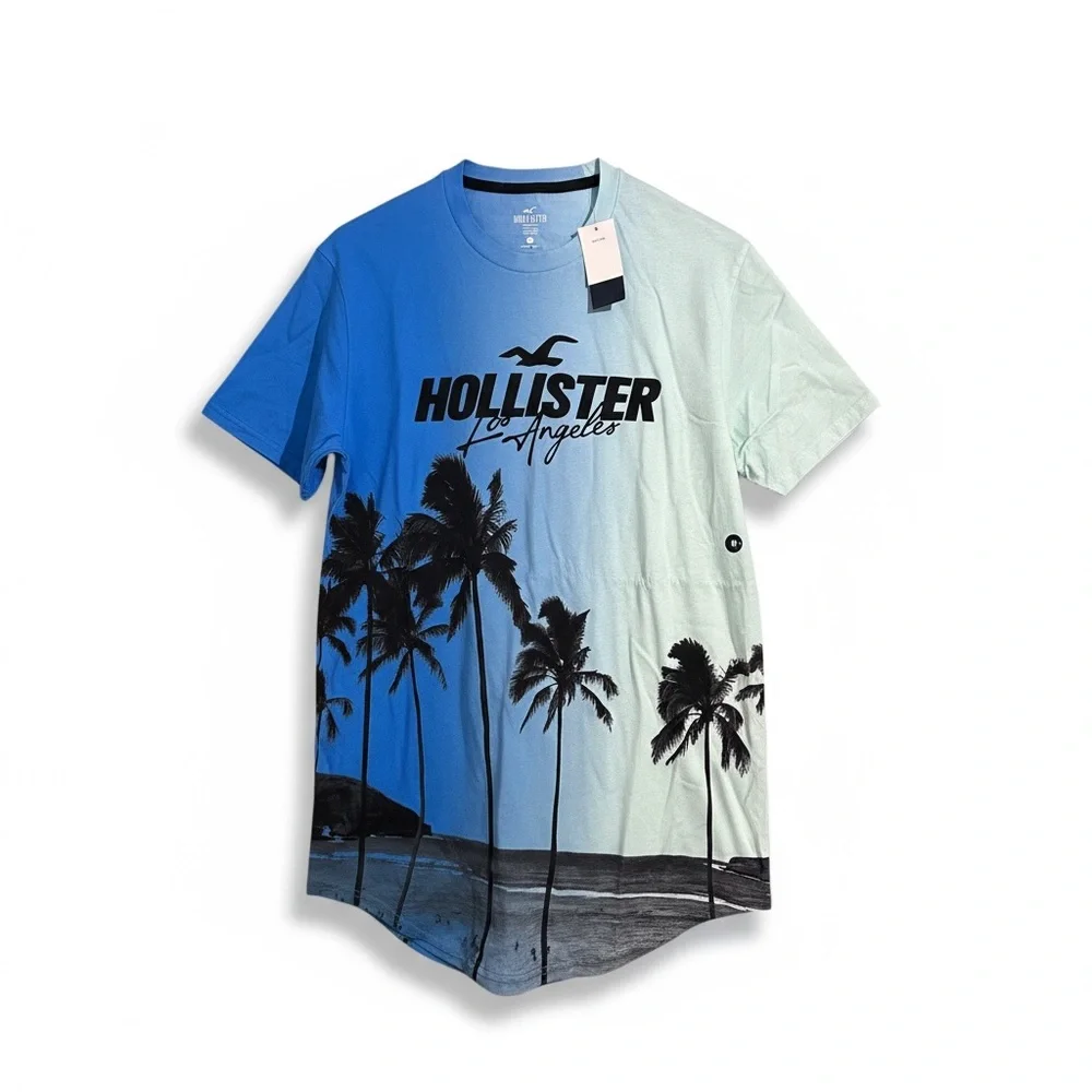 Hollister Men's Blue and Black Longline Tee Shirt, NWT